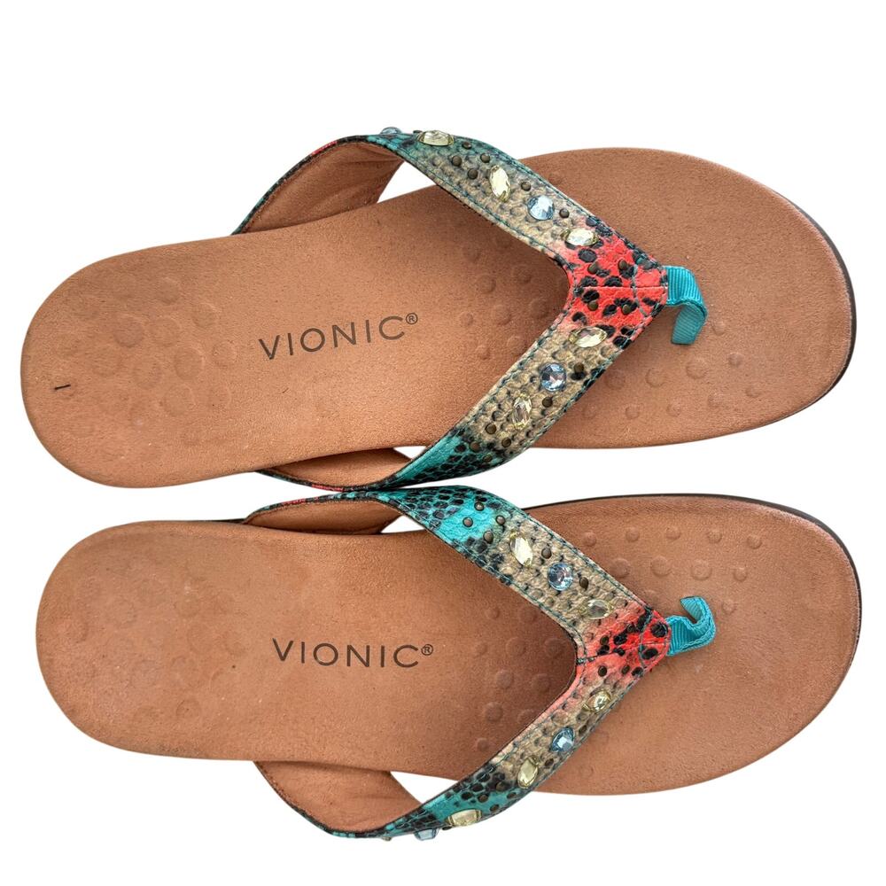 Vionic Multicolor Beaded Teal and Coral Thong Sandal - Picture 9 of 11